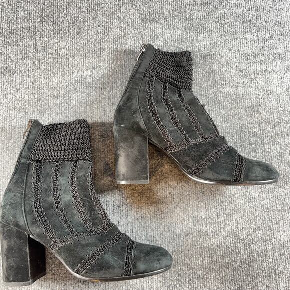 Silent D Black Suede Leather Knit Ankle Boots 37 Heeled Booties Block Heel Zip - Picture 6 of 16